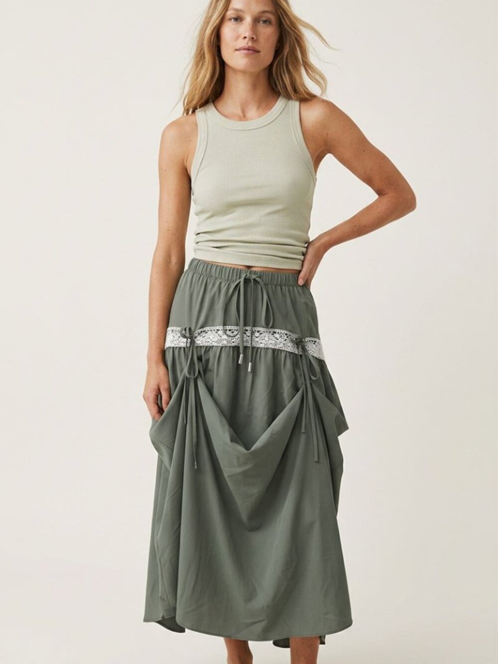 307 | Maxi Crochet Panel Skirt - Olive Cream